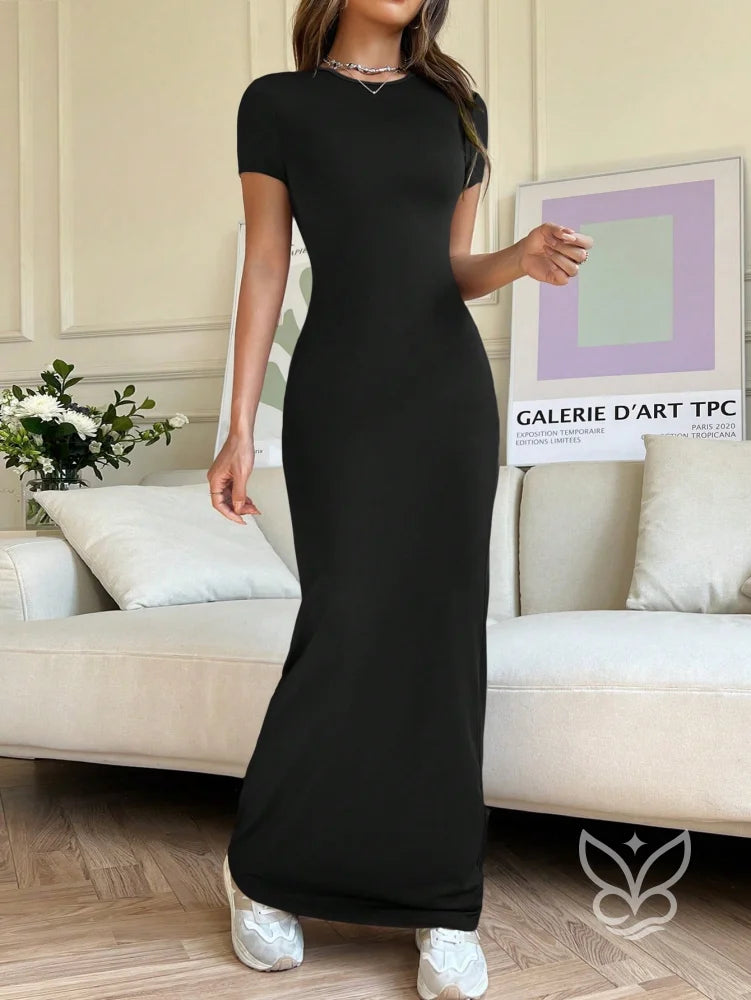 Vestido Longo Justo Com Cintura Marcada E Manga Curta Preto / PP Vestido Longo Justo Com Cintura Marcada E Manga Curta