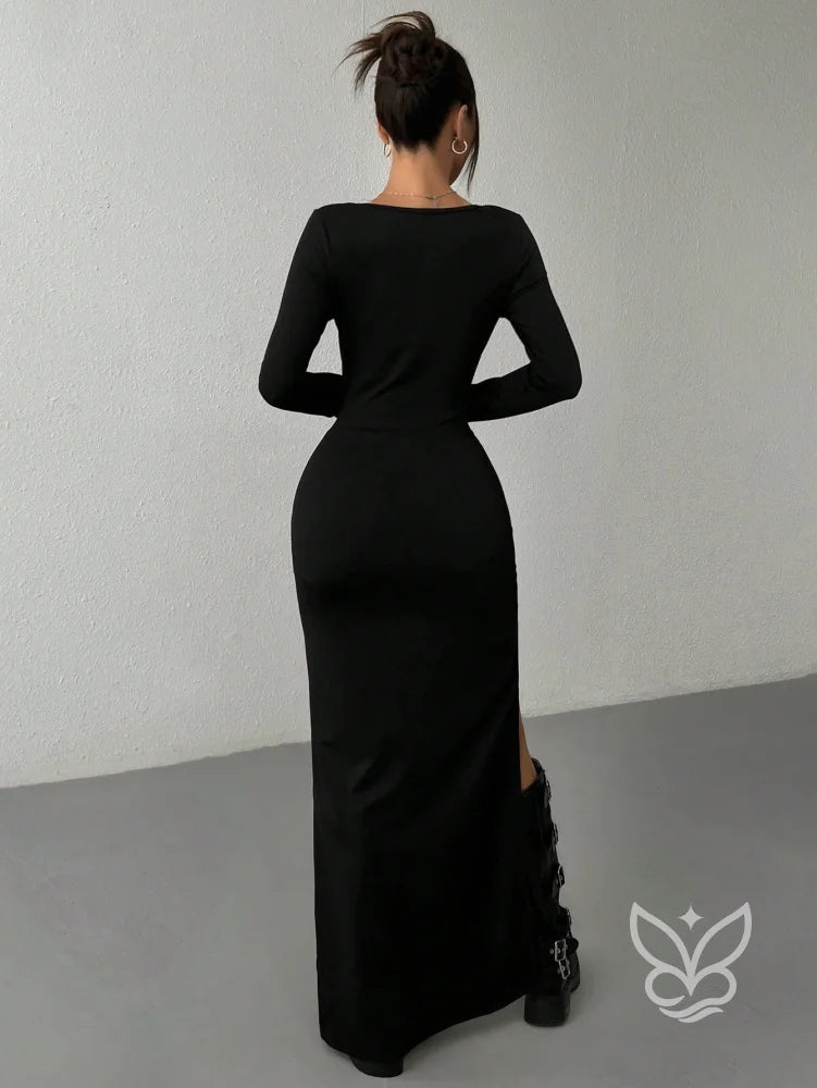 Vestido Longo Justo Com Fenda Lateral E Manga Longa Vestido Longo Justo Com Fenda Lateral E Manga Longa