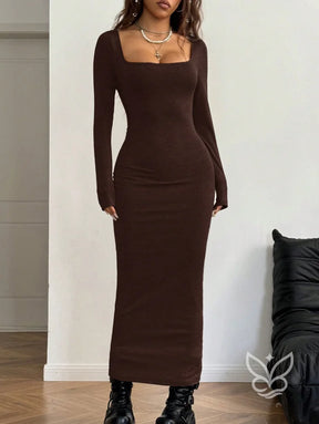 Vestido Longo Justo Com Manga Longa E Decote Quadrado Vestido Longo Justo Com Manga Longa E Decote Quadrado