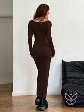 Vestido Longo Justo Com Manga Longa E Decote Quadrado Vestido Longo Justo Com Manga Longa E Decote Quadrado