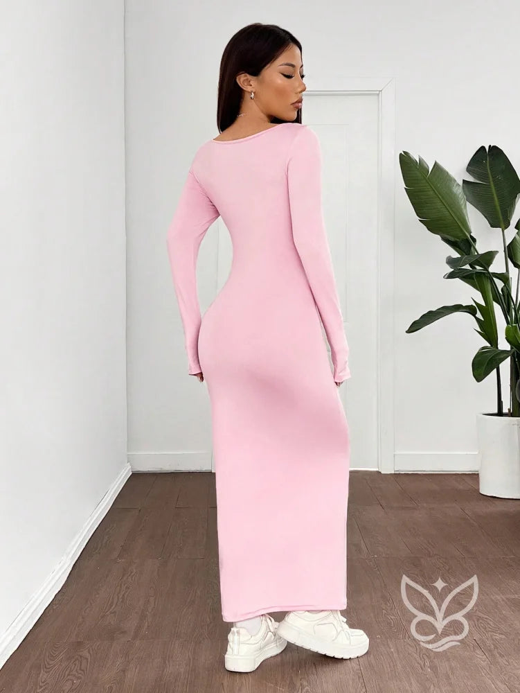 Vestido Longo Justo Com Manga Longa E Decote Quadrado Vestido Longo Justo Com Manga Longa E Decote Quadrado