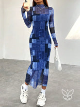Vestido Longo Justo Com Manga Longa E Estampa Moderna Azul Marinho / PP Vestido Longo Justo Com Manga Longa E Decote