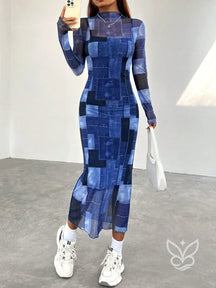 Vestido Longo Justo Com Manga Longa E Estampa Moderna Azul Marinho / PP Vestido Longo Justo Com Manga Longa E Decote