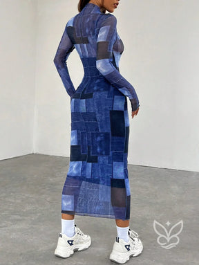 Vestido Longo Justo Com Manga Longa E Estampa Moderna Vestido Longo Justo Com Manga Longa E Decote Quadrado