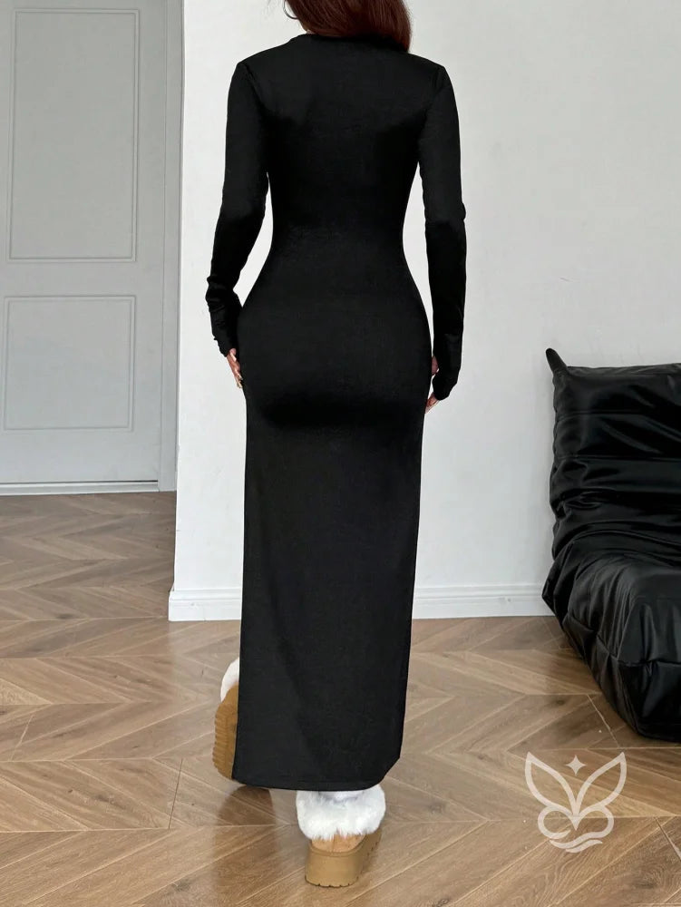 Vestido Longo Justo Com Manga Longa E Gola Alta Vestido Longo Justo Com Manga Longa E Gola Alta