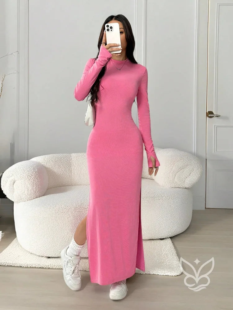 Vestido Longo Justo Com Manga Longa E Gola Alta Rosa Chiclete / PP Vestido Longo Justo Com Manga Longa E Gola Alta