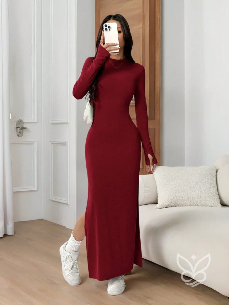 Vestido Longo Justo Com Manga Longa E Gola Alta Vermelho / PP Vestido Longo Justo Com Manga Longa E Gola Alta