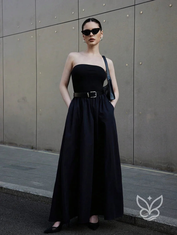 Vestido Longo Tomara Que Caia Com Barra E Estampa Minimalista Preto / PP Vestido Longo Tomara Que Caia Com Barra E