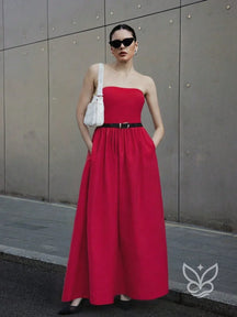 Vestido Longo Tomara Que Caia Com Barra E Estampa Minimalista Vermelho / PP Vestido Longo Tomara Que Caia Com Barra E