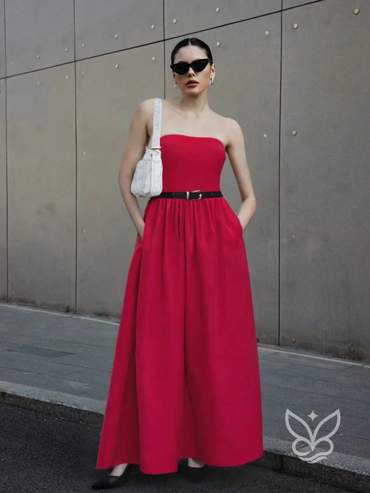 Vestido Longo Tomara Que Caia Com Barra E Estampa Minimalista Vermelho / PP Vestido Longo Tomara Que Caia Com Barra E