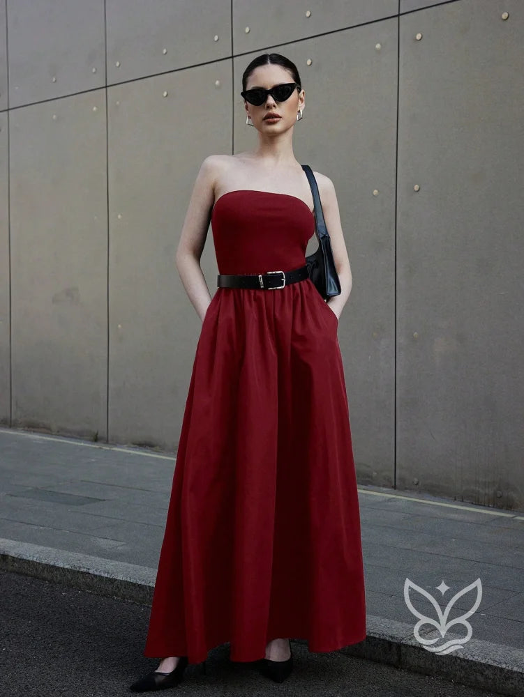 Vestido Longo Tomara Que Caia Com Barra E Estampa Minimalista Vinho / PP Vestido Longo Tomara Que Caia Com Barra E