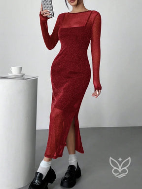 Vestido Midi Brilhante Com Camada Transparente Longa Vestido Midi Brilhante Com Camada Transparente Longa