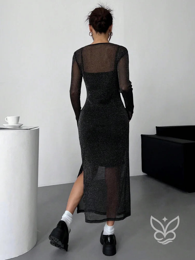 Vestido Midi Brilhante Com Camada Transparente Longa Vestido Midi Brilhante Com Camada Transparente Longa