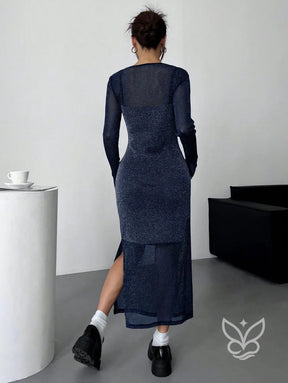 Vestido Midi Brilhante Com Camada Transparente Longa Vestido Midi Brilhante Com Camada Transparente Longa