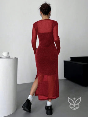 Vestido Midi Brilhante Com Camada Transparente Longa Vestido Midi Brilhante Com Camada Transparente Longa
