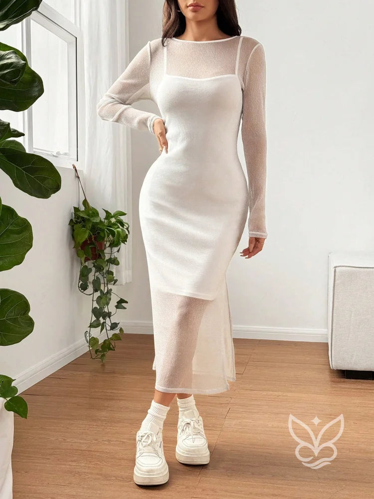 Vestido Midi Brilhante Com Camada Transparente Longa Branco / PP Vestido Midi Brilhante Com Camada Transparente Longa