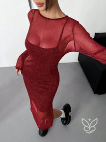 Vestido Midi Brilhante Com Camada Transparente Longa Vermelho / PP Vestido Midi Brilhante Com Camada Transparente Longa