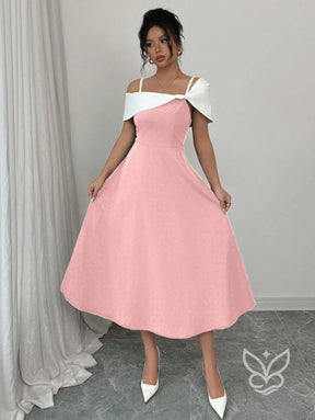 Vestido Midi Com Alças Finas E Ombro Assimétrico Elegante Vestido Midi Com Alças Finas E Ombro Assimétrico Elegante