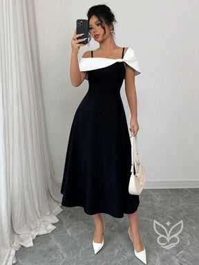 Vestido Midi Com Alças Finas E Ombro Assimétrico Elegante Vestido Midi Com Alças Finas E Ombro Assimétrico Elegante