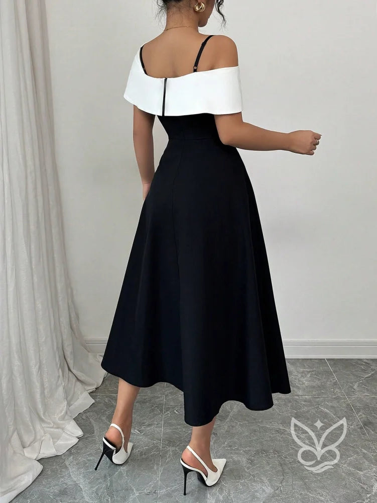 Vestido Midi Com Alças Finas E Ombro Assimétrico Elegante Vestido Midi Com Alças Finas E Ombro Assimétrico Elegante