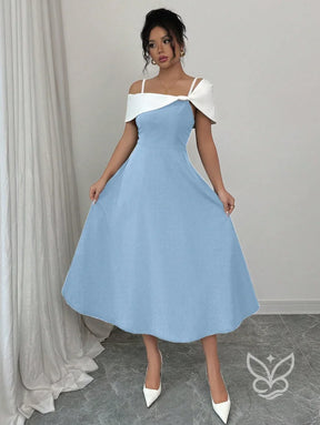 Vestido Midi Com Alças Finas E Ombro Assimétrico Elegante Vestido Midi Com Alças Finas E Ombro Assimétrico Elegante