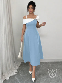 Vestido Midi Com Alças Finas E Ombro Assimétrico Elegante Azul / PP Vestido Midi Com Alças Finas E Ombro Assimétrico