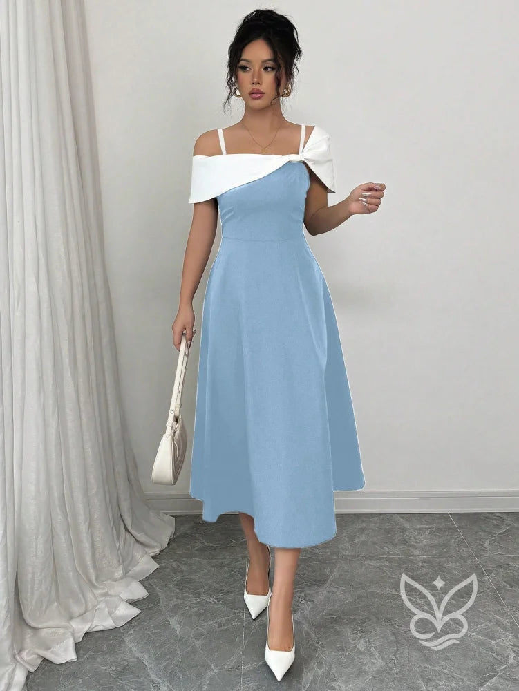 Vestido Midi Com Alças Finas E Ombro Assimétrico Elegante Azul / PP Vestido Midi Com Alças Finas E Ombro Assimétrico