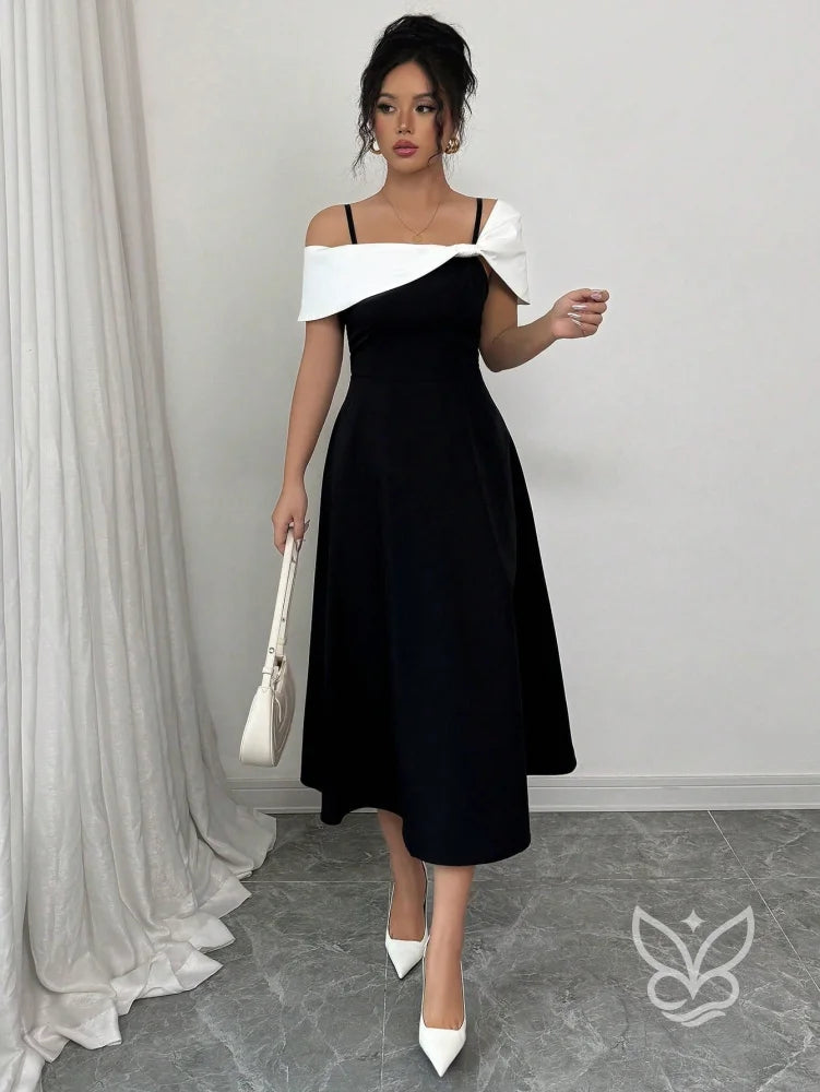 Vestido Midi Com Alças Finas E Ombro Assimétrico Elegante Preto / PP Vestido Midi Com Alças Finas E Ombro Assimétrico