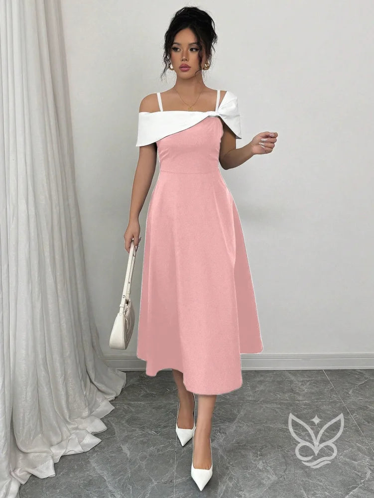Vestido Midi Com Alças Finas E Ombro Assimétrico Elegante Rosa Chiclete / PP Vestido Midi Com Alças Finas E Ombro