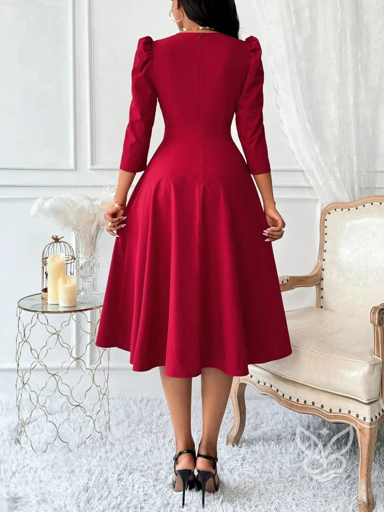 Vestido Midi Com Decote Transpassado E Manga Bufante Elegante Vestido Midi Com Decote Transpassado E Manga Bufante