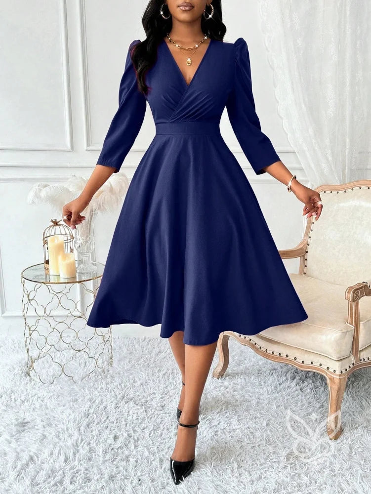 Vestido Midi Com Decote Transpassado E Manga Bufante Elegante Azul Marinho / PP Vestido Midi Com Decote Transpassado E
