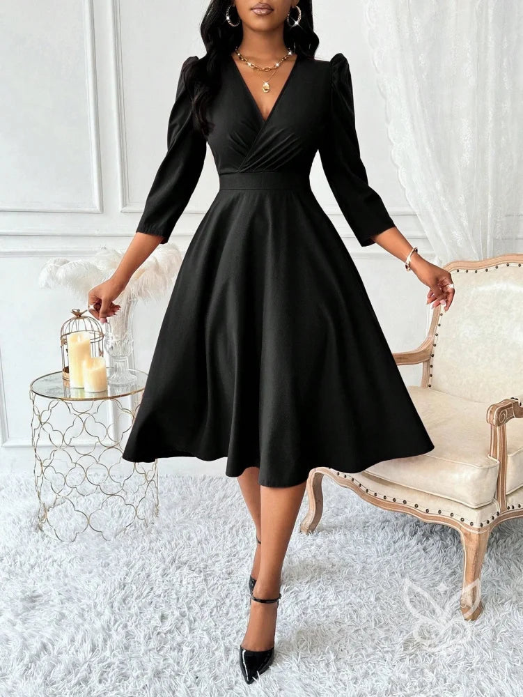 Vestido Midi Com Decote Transpassado E Manga Bufante Elegante Preto / PP Vestido Midi Com Decote Transpassado E Manga