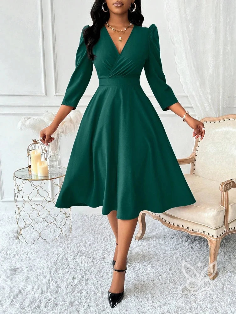 Vestido Midi Com Decote Transpassado E Manga Bufante Elegante Verde / PP Vestido Midi Com Decote Transpassado E Manga