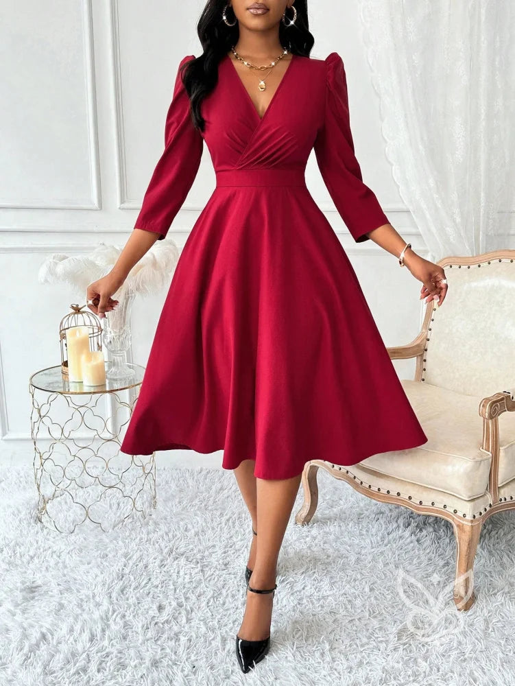 Vestido Midi Com Decote Transpassado E Manga Bufante Elegante Vermelho / PP Vestido Midi Com Decote Transpassado E