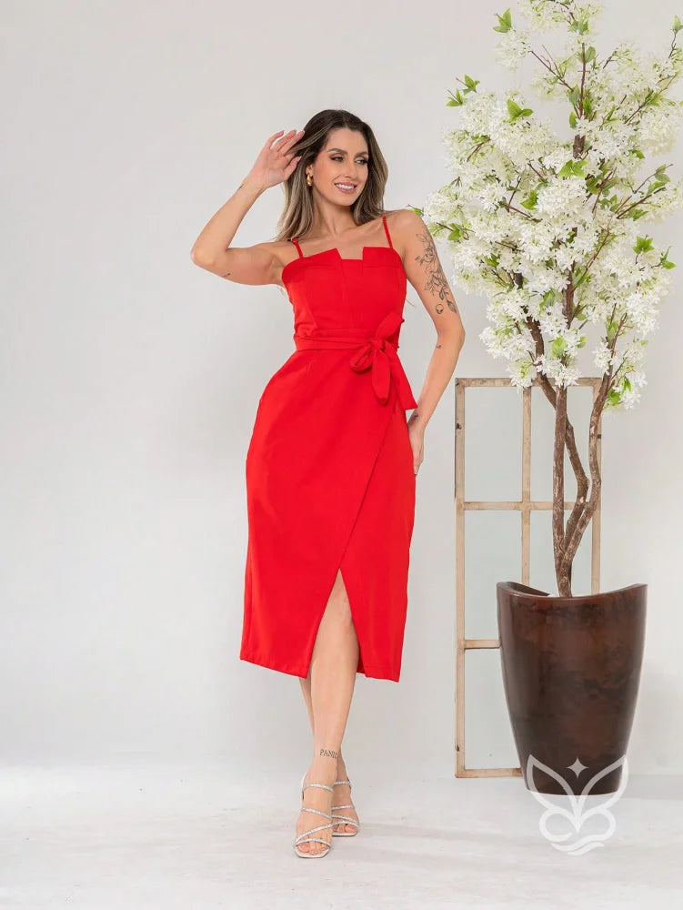 Vestido Midi com Laço na Cintura e Decote Reto Vestido Midi com Laço na Cintura e Decote Reto