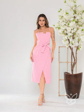 Vestido Midi com Laço na Cintura e Decote Reto Rosa Bebê / P Vestido Midi com Laço na Cintura e Decote Reto