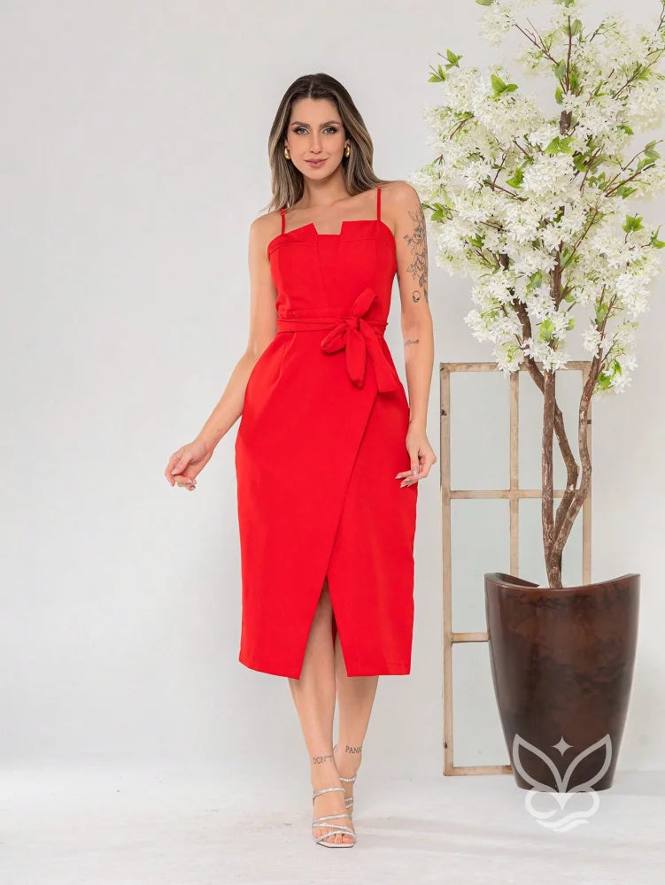 Vestido Midi com Laço na Cintura e Decote Reto Vermelho / P Vestido Midi com Laço na Cintura e Decote Reto