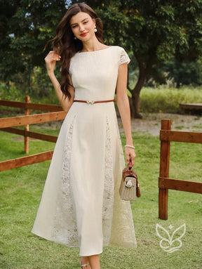 Vestido Midi Com Renda Lateral E Cintura Marcada Charmosa Vestido Midi Com Renda Lateral E Cintura Marcada Charmosa