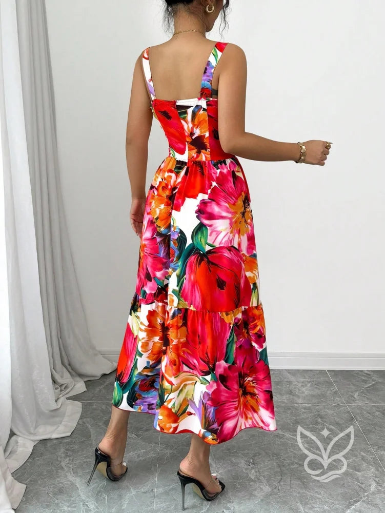 Vestido Midi Estampado Com Alça Larga E Saia Rodada Vestido Midi Estampado Com Alça Larga E Saia Rodada