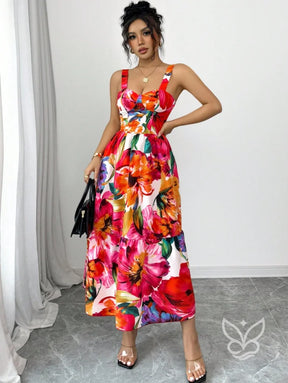Vestido Midi Estampado Com Alça Larga E Saia Rodada Vestido Midi Estampado Com Alça Larga E Saia Rodada