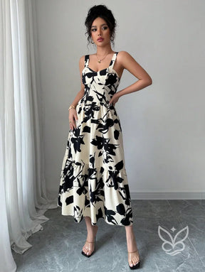 Vestido Midi Estampado Com Alça Larga E Saia Rodada Vestido Midi Estampado Com Alça Larga E Saia Rodada