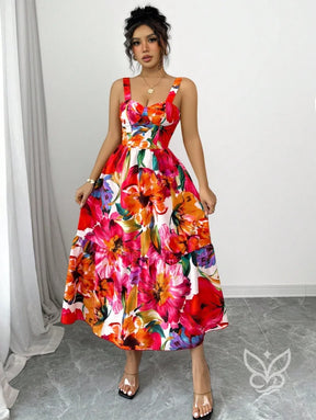 Vestido Midi Estampado Com Alça Larga E Saia Rodada Vestido Midi Estampado Com Alça Larga E Saia Rodada