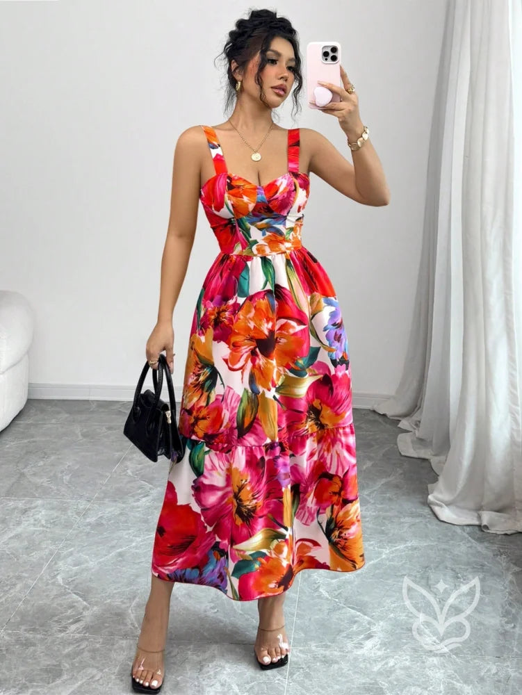 Vestido Midi Estampado Com Alça Larga E Saia Rodada Estampa 1 / PP Vestido Midi Estampado Com Alça Larga E Saia Rodada
