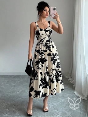 Vestido Midi Estampado Com Alça Larga E Saia Rodada Estampa 2 / PP Vestido Midi Estampado Com Alça Larga E Saia Rodada
