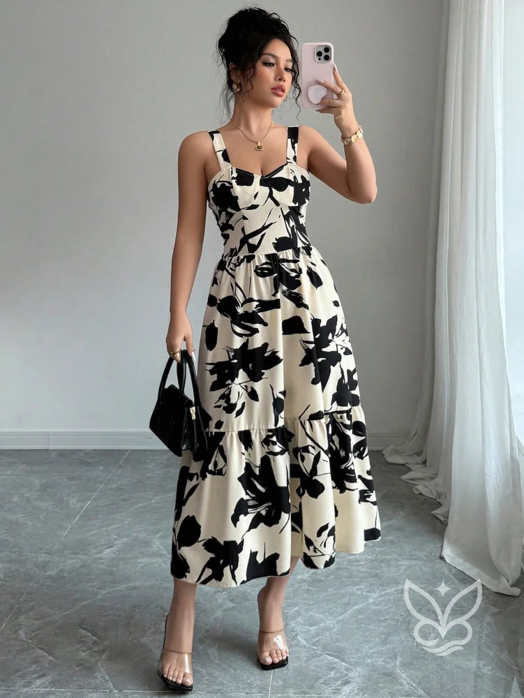 Vestido Midi Estampado Com Alça Larga E Saia Rodada Estampa 2 / PP Vestido Midi Estampado Com Alça Larga E Saia Rodada