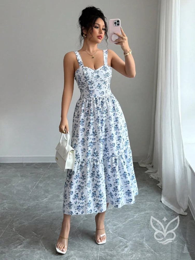 Vestido Midi Estampado Com Alça Larga E Saia Rodada Estampa 3 / PP Vestido Midi Estampado Com Alça Larga E Saia Rodada