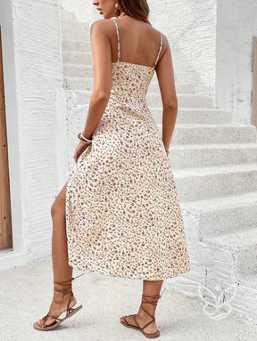 Vestido Midi Estampado Com Fenda Frontal E Alça Fina Vestido Midi Estampado Com Fenda Frontal E Alça Fina