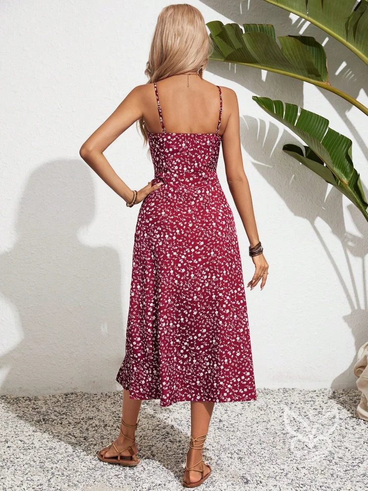 Vestido Midi Estampado Com Fenda Frontal E Alça Fina Vestido Midi Estampado Com Fenda Frontal E Alça Fina