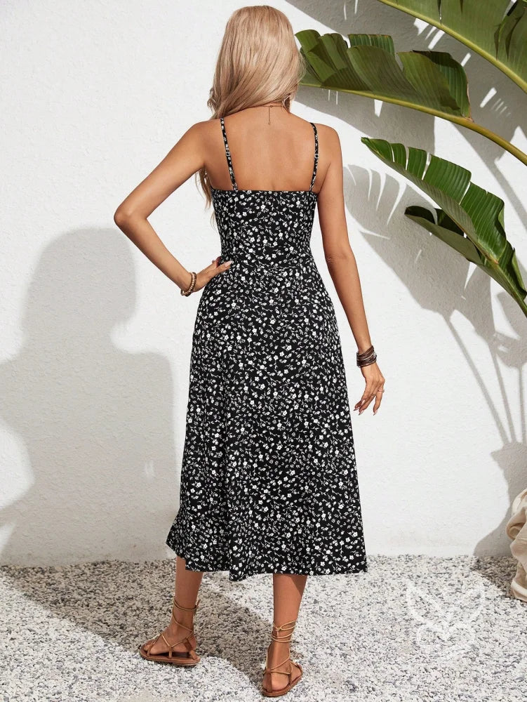 Vestido Midi Estampado Com Fenda Frontal E Alça Fina Vestido Midi Estampado Com Fenda Frontal E Alça Fina