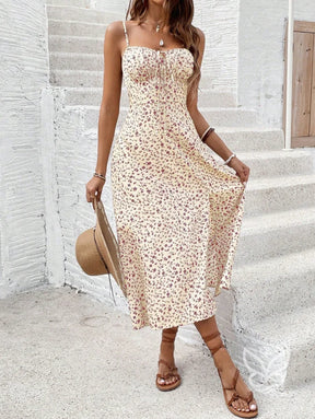 Vestido Midi Estampado Com Fenda Frontal E Alça Fina Vestido Midi Estampado Com Fenda Frontal E Alça Fina